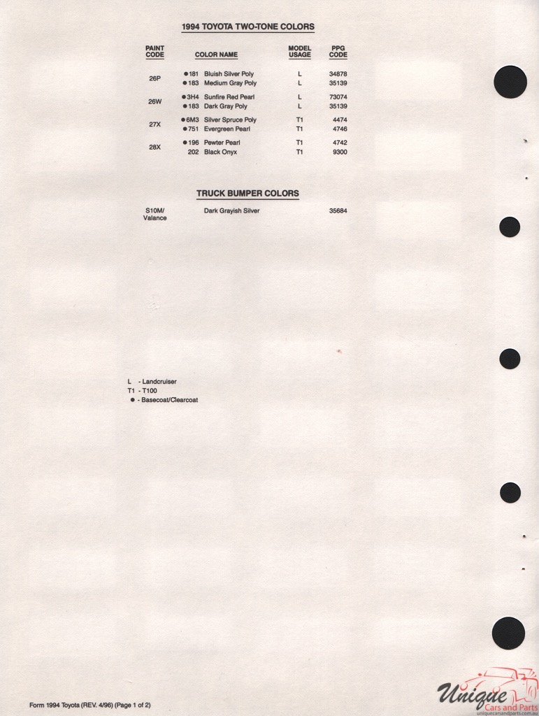 1994 Toyota Paint Charts PPG 3